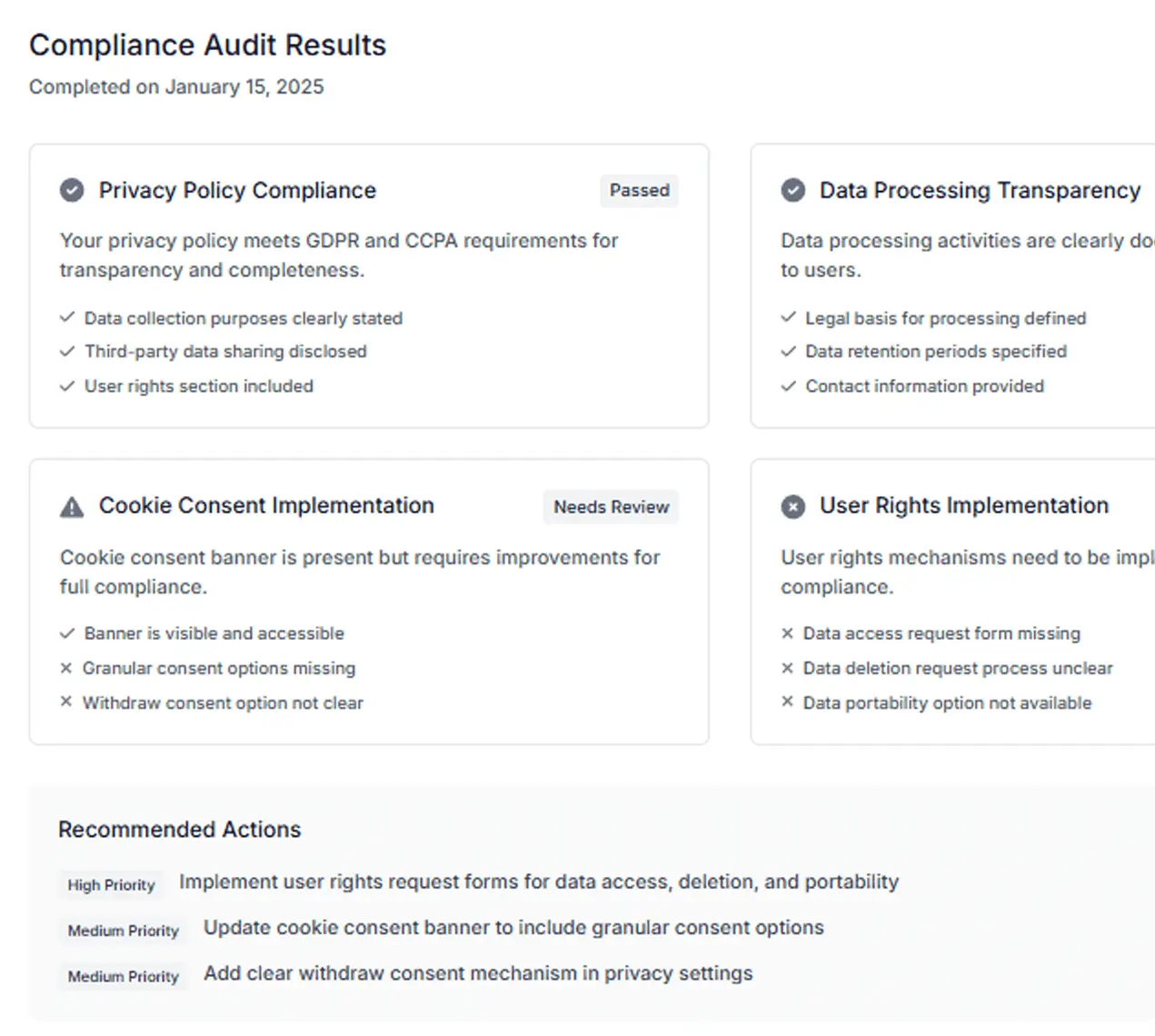 GDPR and CCPA compliance dashboard showing privacy policy analysis and regulatory requirements