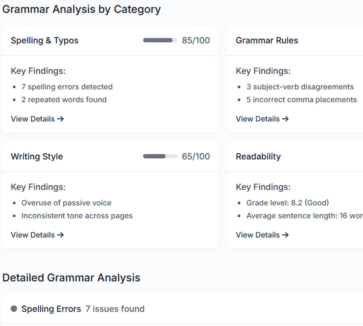 Grammar check interface showing content analysis and improvement suggestions