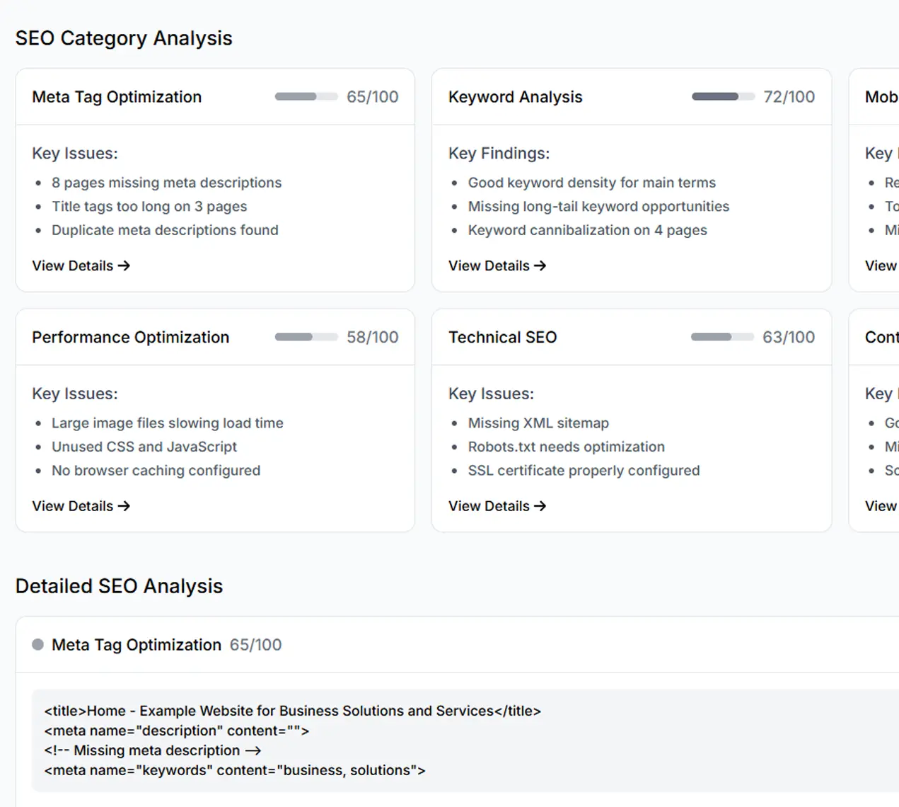 SEO analysis dashboard showing keyword performance and optimization opportunities